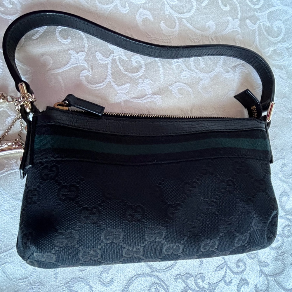 Gucci mini shoulder bag/pouchette classic Gucci fabric black w green stripe